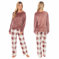 Women's Buffalo Check Fleece Pajama Set Long Sleeve Top and Bottoms Luxuriously Soft Nightwear for Cozy Comfort in Various Sizes by Daisy Dreamer NATURAL / S Pyjamas