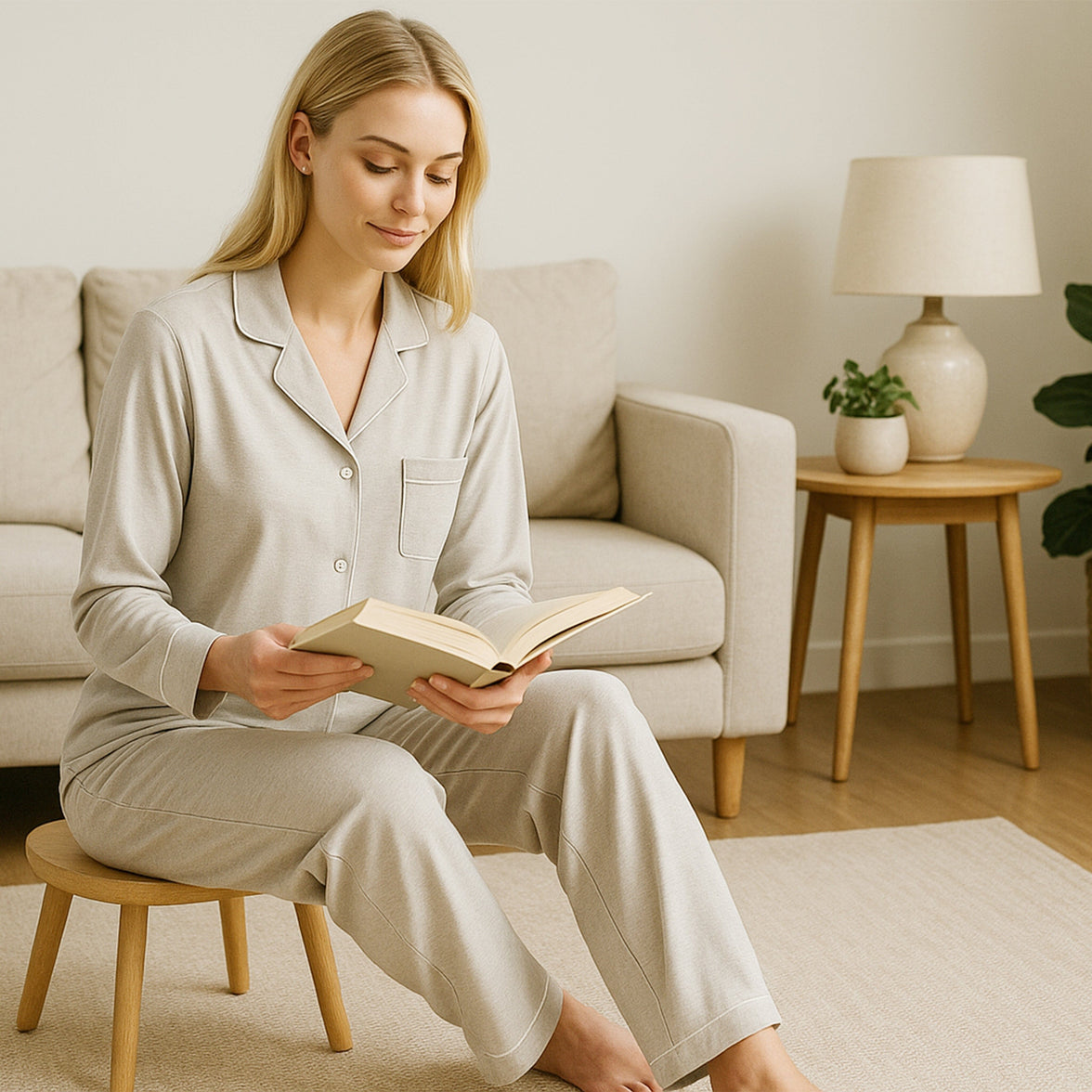 Women's Grey Pyjama Set Soft Touch Long Sleeve Button-Up Top & Bottoms Two-Piece Nightwear by Daisy Dreamer Pyjamas