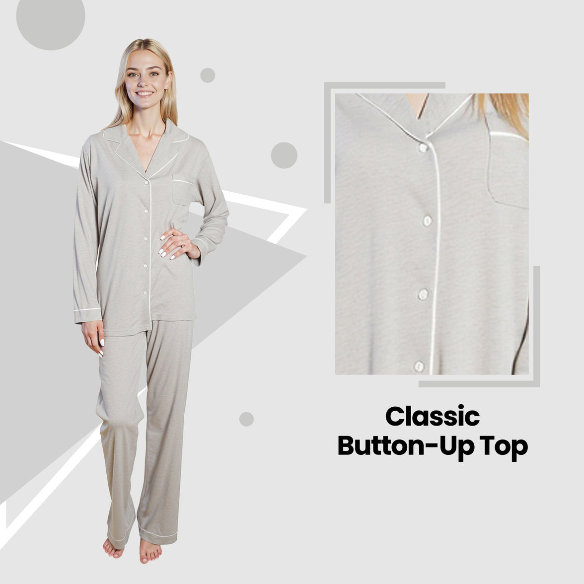 Women's Grey Pyjama Set Soft Touch Long Sleeve Button-Up Top & Bottoms Two-Piece Nightwear by Daisy Dreamer Pyjamas