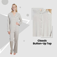 Women's Grey Pyjama Set Soft Touch Long Sleeve Button-Up Top & Bottoms Two-Piece Nightwear by Daisy Dreamer Pyjamas