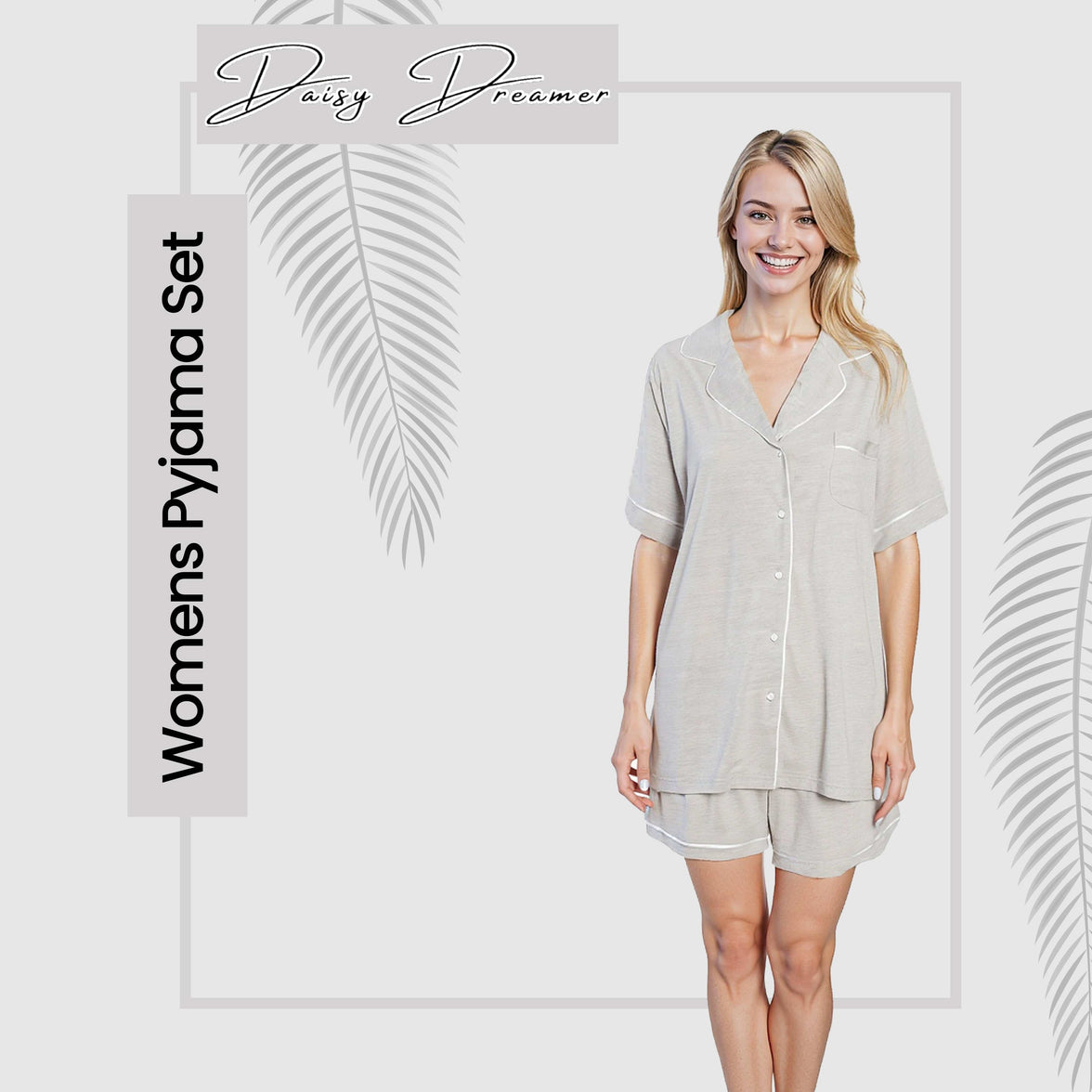 Women's Grey Short Pyjama Set Super Soft Sleepwear Nightwear Button Up Top and Shorts with Pockets PJs by Daisy Dreamer Pyjamas