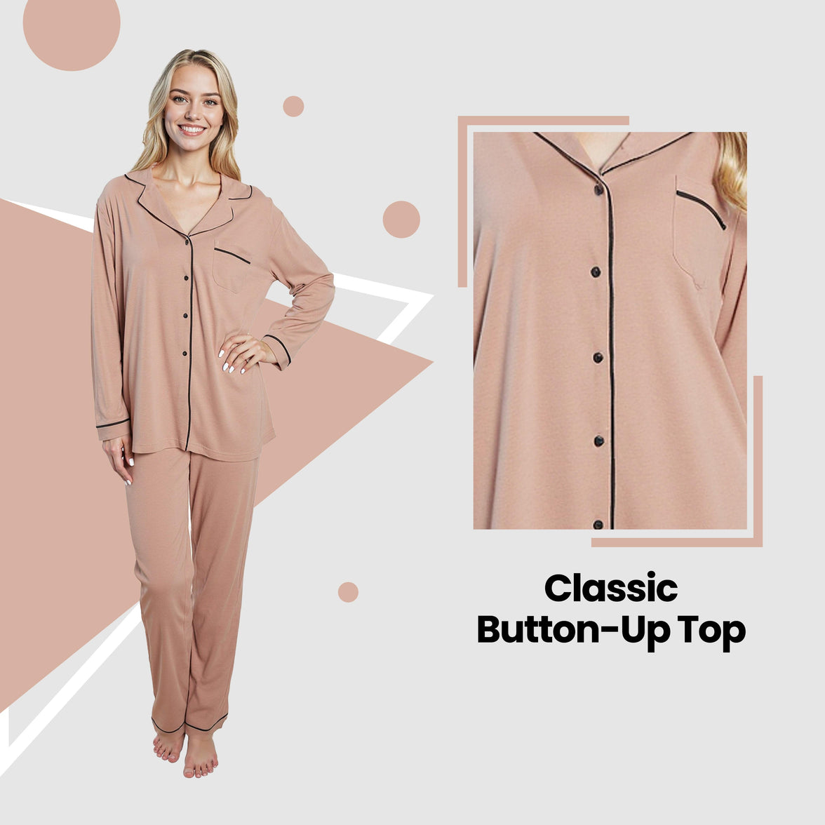 Women's Natural Pyjama Set Soft Touch Long Sleeve Button-Up Top & Bottoms Two-Piece Nightwear by Daisy Dreamer Pyjamas