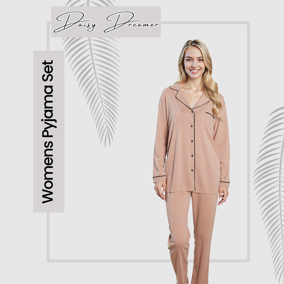 Women's Natural Pyjama Set Soft Touch Long Sleeve Button-Up Top & Bottoms Two-Piece Nightwear by Daisy Dreamer Pyjamas