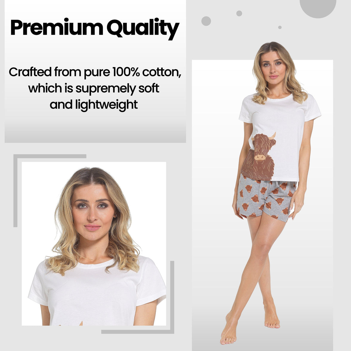 Women's Highland Cow Pyjama Set T-Shirt & Shorts PJs Soft Cotton Loungewear Summer Holiday Sleepwear by Daisy Dreamer Pyjamas