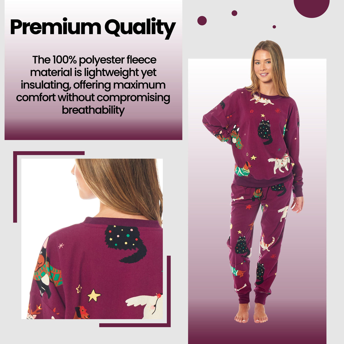 Women's Cats & Dogs Soft Fleece Pyjama Set Long Sleeve Animal Print Warm PJs Loungewear Sleepwear for Ladies by Daisy Dreamer Pyjamas