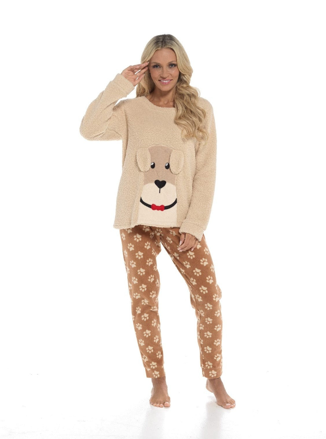 Women's Luxurious Fleece Pyjama Set Dog Snuggle Design Cosy Loungewear Sleepwear with Long Sleeve Top and Patterned Bottoms Comfortable PJs for Ladies Multiple Sizes Daisy Dreamer Pyjamas