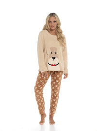 Women's Luxurious Fleece Pyjama Set Dog Snuggle Design Cosy Loungewear Sleepwear with Long Sleeve Top and Patterned Bottoms Comfortable PJs for Ladies Multiple Sizes Daisy Dreamer Pyjamas