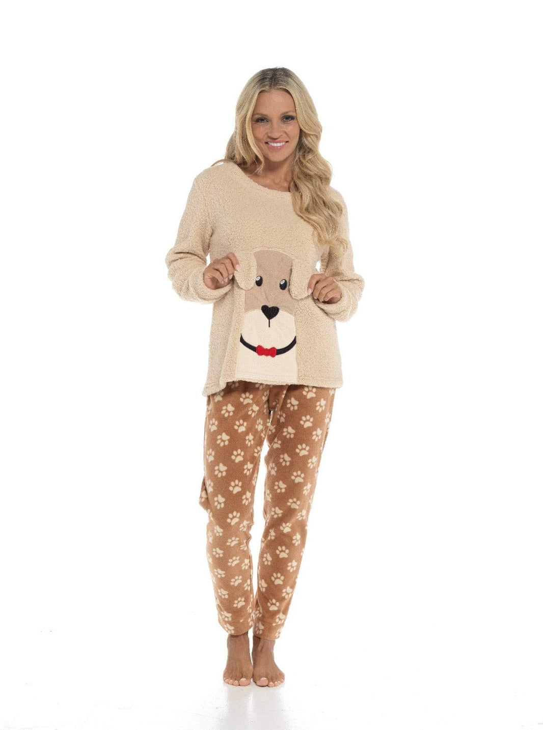 Women's Luxurious Fleece Pyjama Set Dog Snuggle Design Cosy Loungewear Sleepwear with Long Sleeve Top and Patterned Bottoms Comfortable PJs for Ladies Multiple Sizes Daisy Dreamer Pyjamas