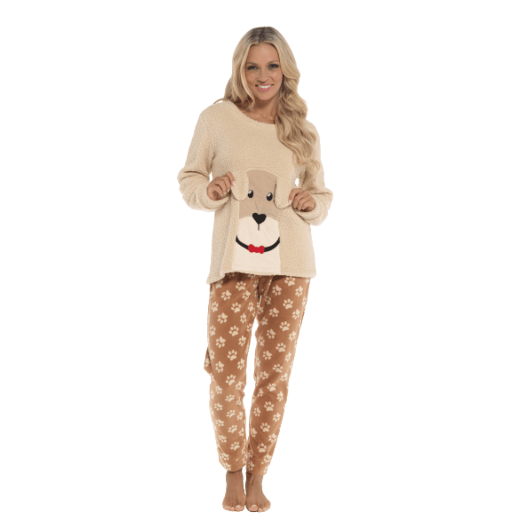 Women's Luxurious Fleece Pyjama Set Dog Snuggle Design Cosy Loungewear Sleepwear with Long Sleeve Top and Patterned Bottoms Comfortable PJs for Ladies Multiple Sizes Daisy Dreamer Pyjamas