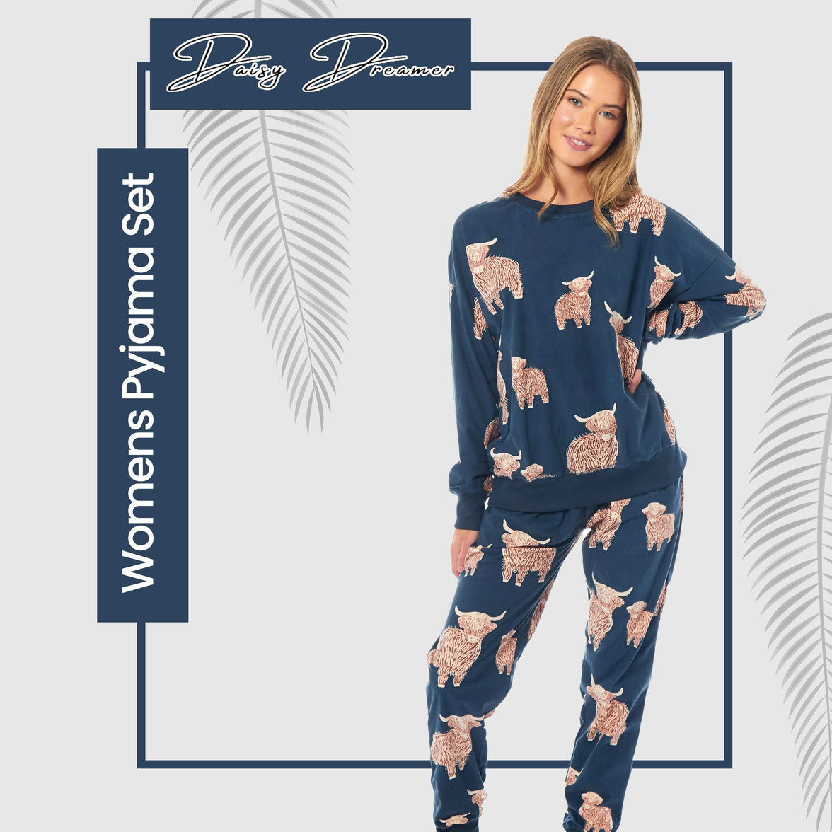 Women's Highland Cow Soft Fleece Pyjama Set Long Sleeve Animal Print Warm PJs Loungewear Sleepwear for Ladies by Daisy Dreamer Pyjamas