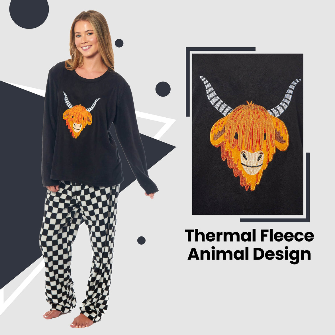 Women's Highland Cow Thermal Fleece Pyjamas Set Soft Warm Winter PJs Animal Print Loungewear Sleepwear Long Sleeve Top and Bottom by Daisy Dreamer Pyjamas