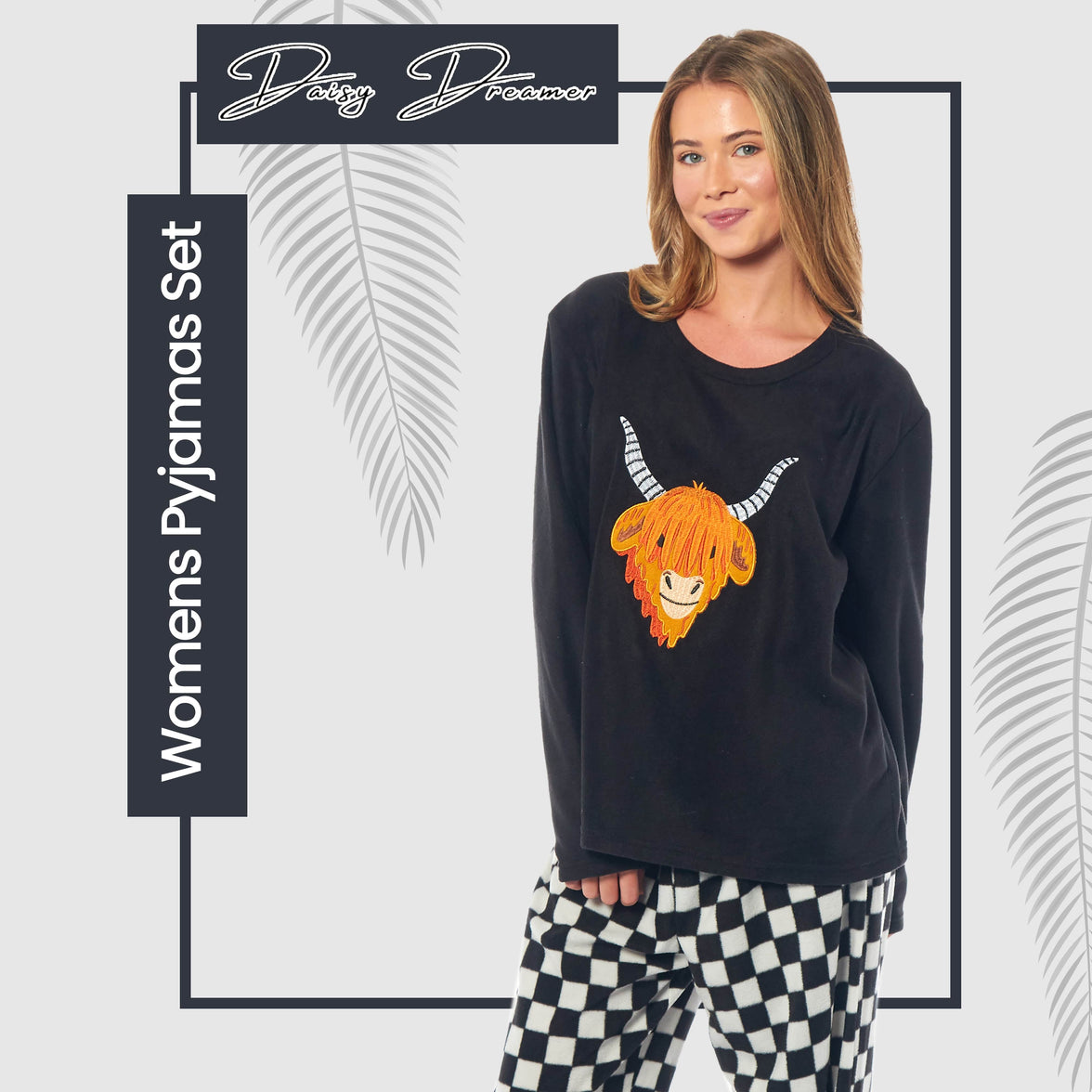 Women's Highland Cow Thermal Fleece Pyjamas Set Soft Warm Winter PJs Animal Print Loungewear Sleepwear Long Sleeve Top and Bottom by Daisy Dreamer Pyjamas