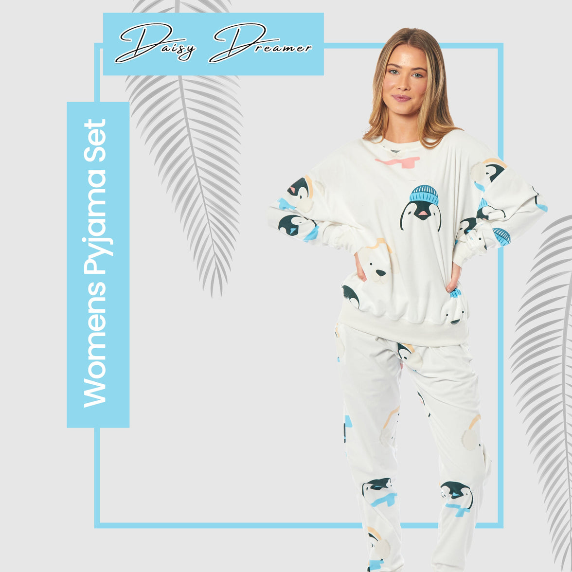 Women's Penguins & Polar Bears Soft Fleece Pyjama Set Long Sleeve Animal Print Warm PJs Loungewear Sleepwear for Ladies by Daisy Dreamer Pyjamas