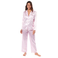 Women's Satin Silk Luxurious Pyjama Set with Dress Shirt Collar and Loose-Fitting Pants in Black Pink Grey by Daisy Dreamer SMALL | UK 8-10 / PINK STRIPES Pyjamas