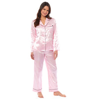 Women's Satin Silk Luxurious Pyjama Set with Dress Shirt Collar and Loose-Fitting Pants in Black Pink Grey by Daisy Dreamer SMALL | UK 8-10 / PINK Pyjamas