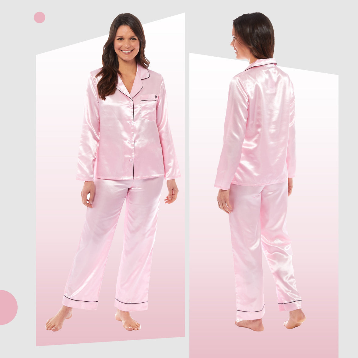 Women's Satin Silk Luxurious Pyjama Set with Dress Shirt Collar and Loose-Fitting Pants in Black Pink Grey by Daisy Dreamer Pyjamas