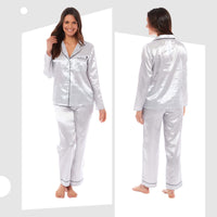 Women's Satin Silk Luxurious Pyjama Set with Dress Shirt Collar and Loose-Fitting Pants in Black Pink Grey by Daisy Dreamer Pyjamas