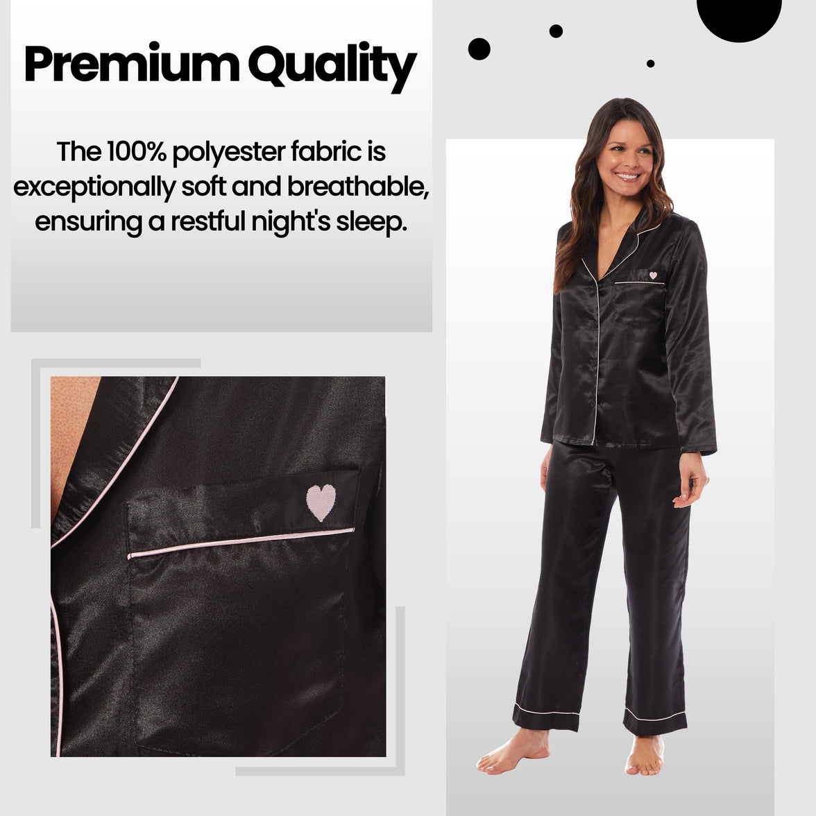 Women's Satin Silk Luxurious Pyjama Set with Dress Shirt Collar and Loose-Fitting Pants in Black Pink Grey by Daisy Dreamer Pyjamas