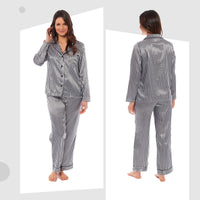 Women's Satin Silk Luxurious Pyjama Set with Dress Shirt Collar and Loose-Fitting Pants in Black Pink Grey by Daisy Dreamer Pyjamas