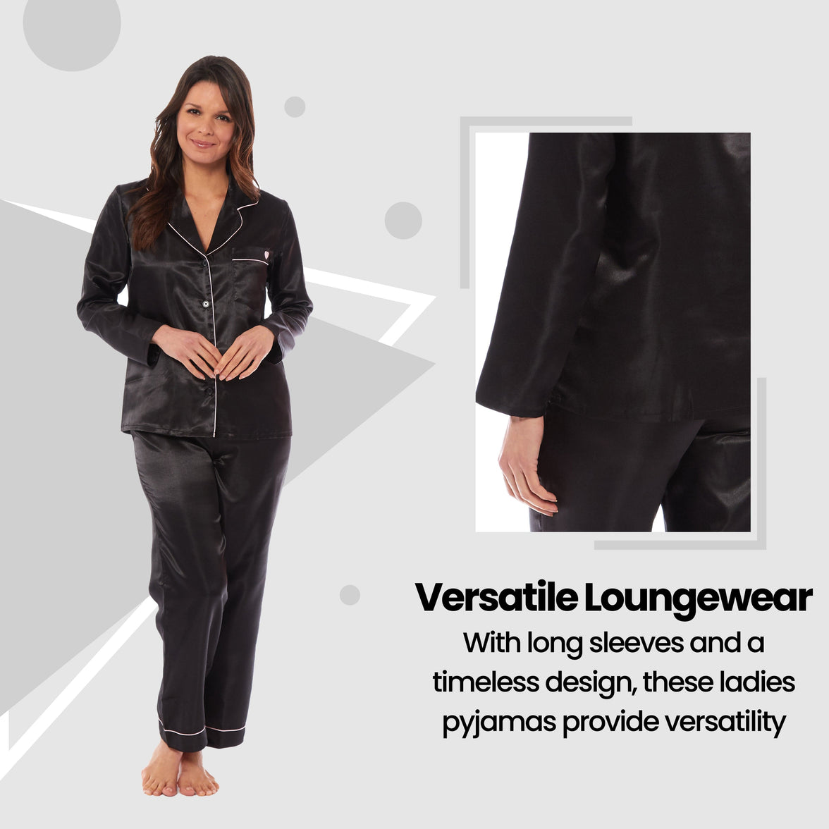 Women's Satin Silk Luxurious Pyjama Set with Dress Shirt Collar and Loose-Fitting Pants in Black Pink Grey by Daisy Dreamer Pyjamas