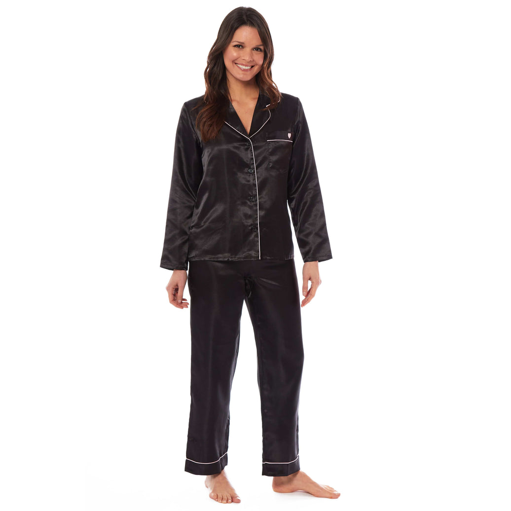 Women's Satin Silk Luxurious Pyjama Set with Dress Shirt Collar and Loose-Fitting Pants in Black Pink Grey by Daisy Dreamer SMALL | UK 8-10 / BLACK Pyjamas