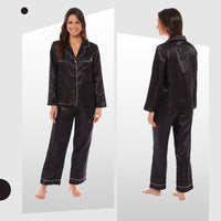 Women's Satin Silk Luxurious Pyjama Set with Dress Shirt Collar and Loose-Fitting Pants in Black Pink Grey by Daisy Dreamer Pyjamas