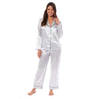 Women's Satin Silk Luxurious Pyjama Set with Dress Shirt Collar and Loose-Fitting Pants in Black Pink Grey by Daisy Dreamer Pyjamas