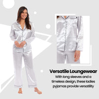 Women's Satin Silk Luxurious Pyjama Set with Dress Shirt Collar and Loose-Fitting Pants in Black Pink Grey by Daisy Dreamer Pyjamas