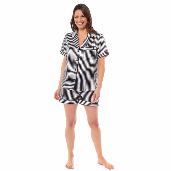 Women's Satin Silk Pyjama Set Satin PJs Short Loungewear Nightwear for Women in Black Pink Grey Sizes UK 8-22 by Daisy Dreamer SMALL | UK 8-10 / BLACK STRIPES Pyjamas