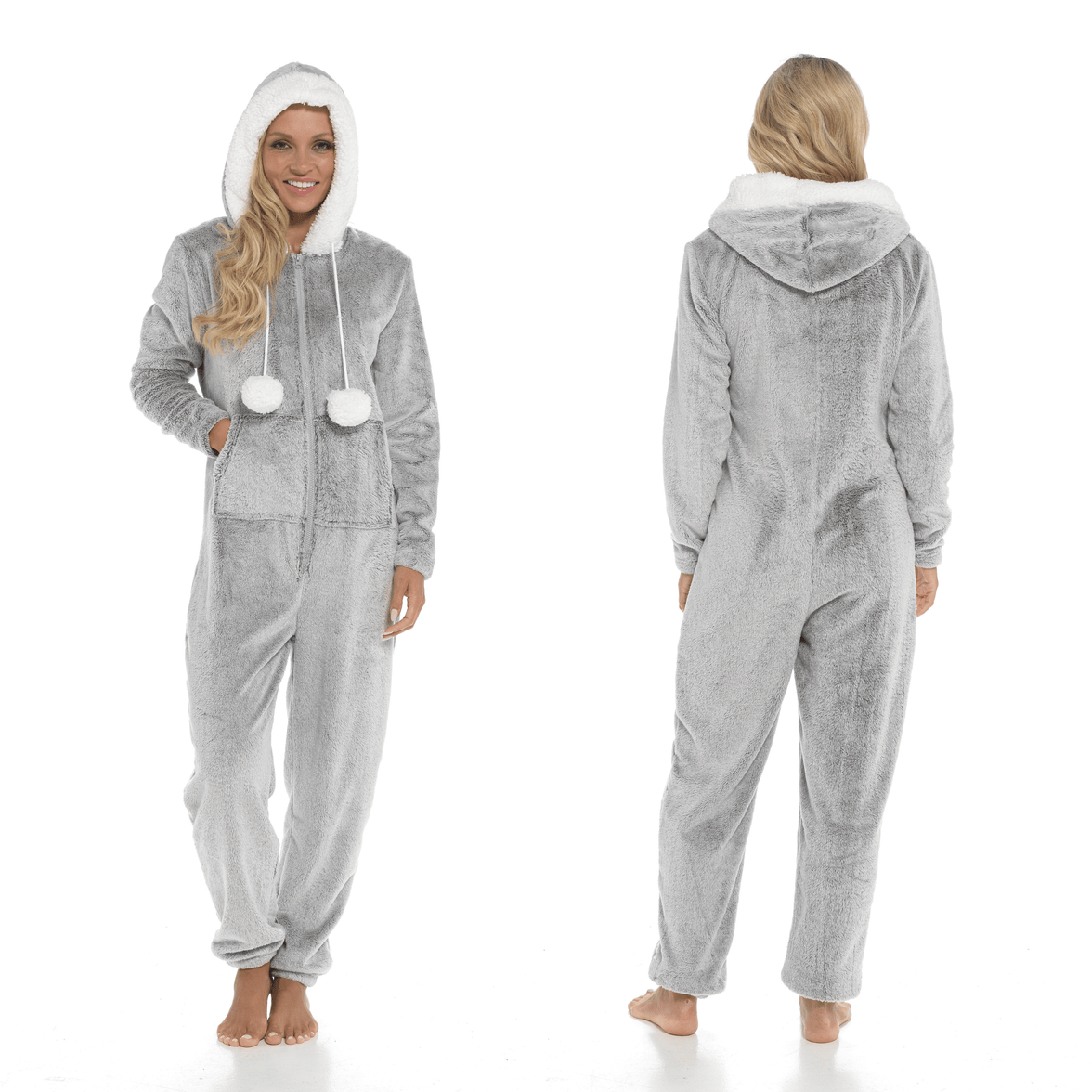 Women's Luxurious Shimmer Fleece Hooded Onesie with Zip Pockets and Pompoms Ultimate Comfort Sleepwear by Daisy Dreamer SMALL | UK 8-10 / GREY Pyjamas