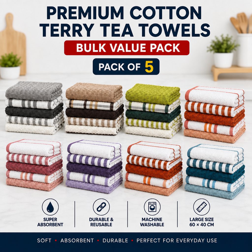 OLIVIA ROCCO 5 Pack Cotton Terry Kitchen Towels 45x65cm Super Absorbent Quick Drying