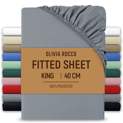 Extra Deep Pocket Fitted Sheet Soft Brushed Microfibre Fabric Shrink Fade Resistant Easy Care Bedding by Olivia Rocco Grey / King Fitted Sheet