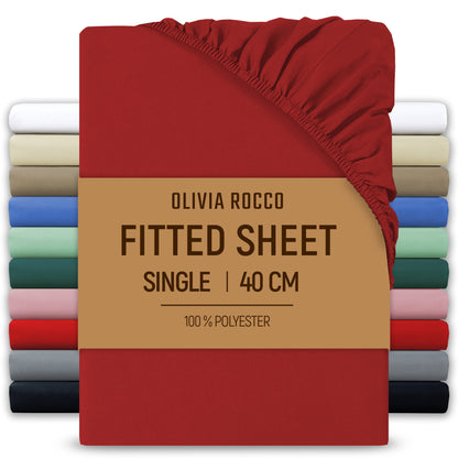 Extra Deep Pocket Fitted Sheet Soft Brushed Microfibre Fabric Shrink Fade Resistant Easy Care Bedding by Olivia Rocco Red / Single Fitted Sheet