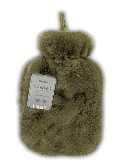 Faux Fur Super Soft Covered 2 Litre Luxury Hot Water Bottle for Thermotherapy Durable Natural Rubber UK Safe Tested for Winter Warmth Ideal Gift for Adults Kids by OLIVIA ROCCO GREEN Hot Water Bottle