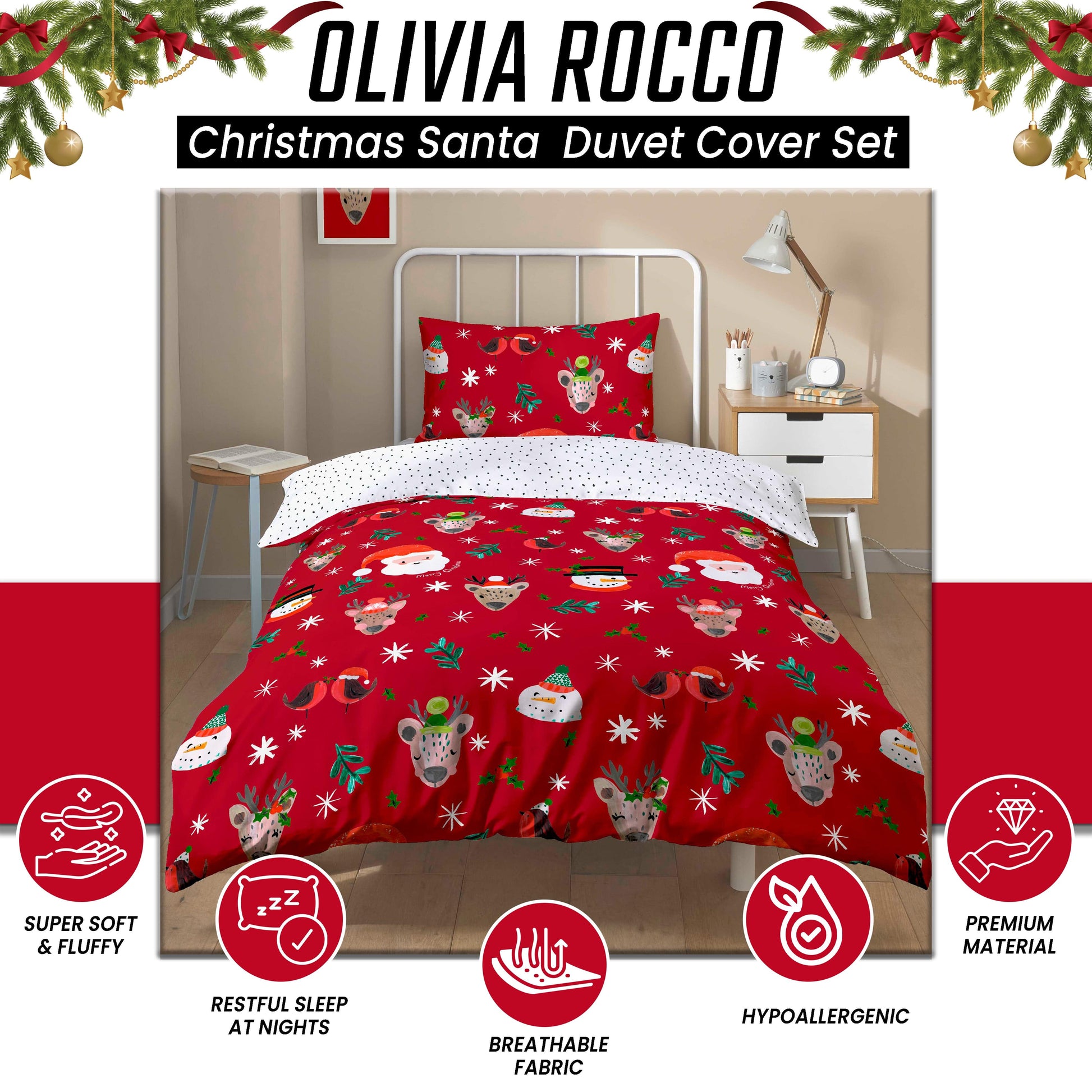 Festive Holiday Santa Duvet Cover Set with Pillowcases Reversible Xmas Design OEKO-TEX Certified Cosy Winter Bedding by OLIVIA ROCCO OLIVIA ROCCO Duvet Cover