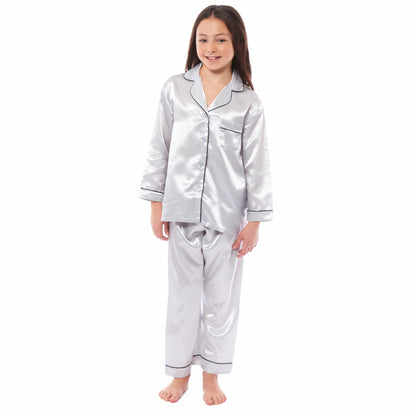 Luxurious Girls Satin Silk Long Sleeve Pyjama Set for Kids by Daisy Dreamer Elegant Loungewear and Cosy Nightwear PJs in Black Pink Grey Classic Button-Down Design Comfortable Fit Breathable Fabric Sizes 5-6 YRS to 13-14 YRS Perfect Sleepwear for Children 5-6 YRS / GREY Daisy Dreamer Pyjamas