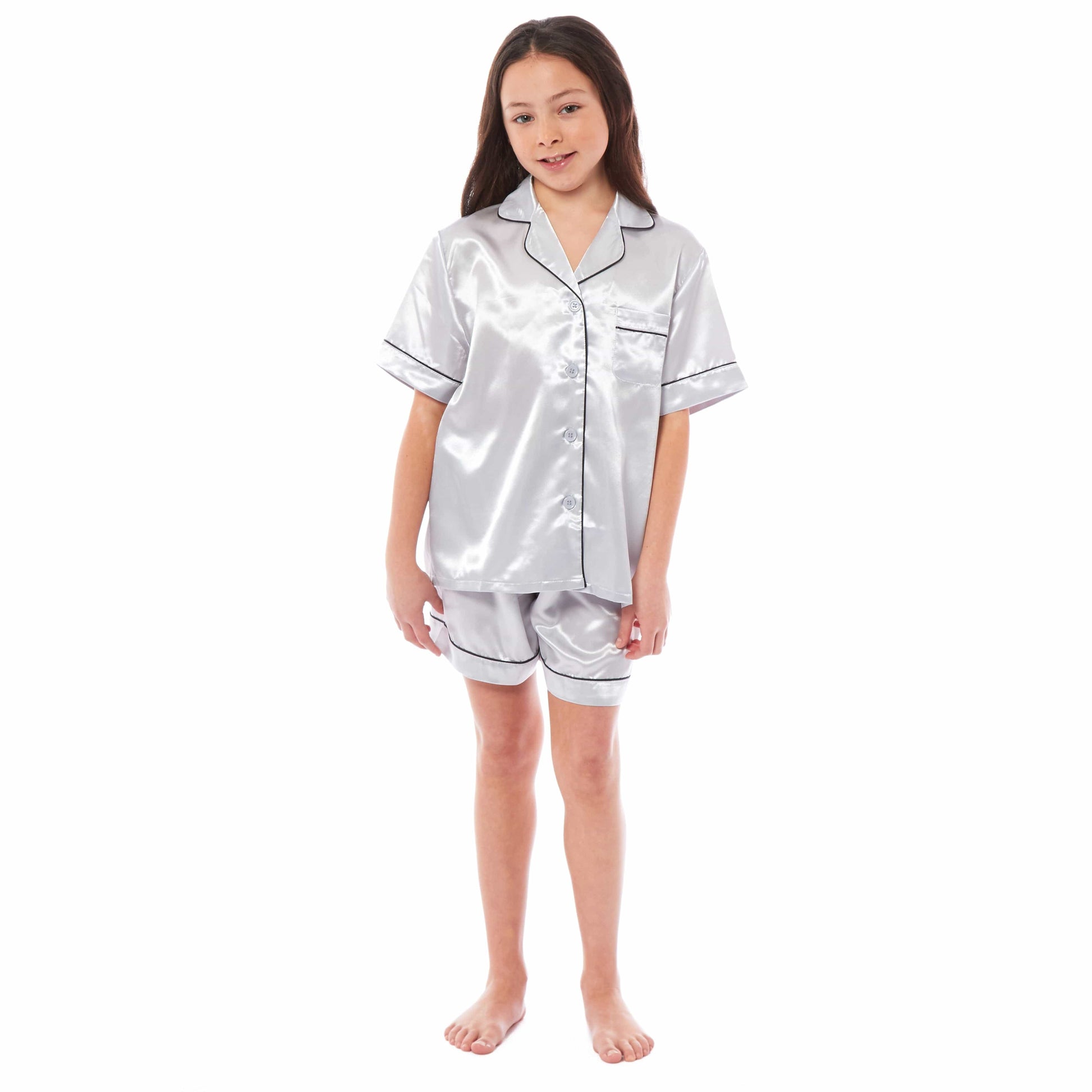 Luxurious Kids Satin Silk Short Pyjama Set by Daisy Dreamer Cosy Nightwear for Girls Includes Button-Down Shirt and Loose-Fitting Pants in Classic Black Pink and Grey Perfect Everyday Loungewear for Ages 5-14 Ideal for Comfortable Sleep and Relaxation 5-6 YRS / GREY Daisy Dreamer Pyjamas