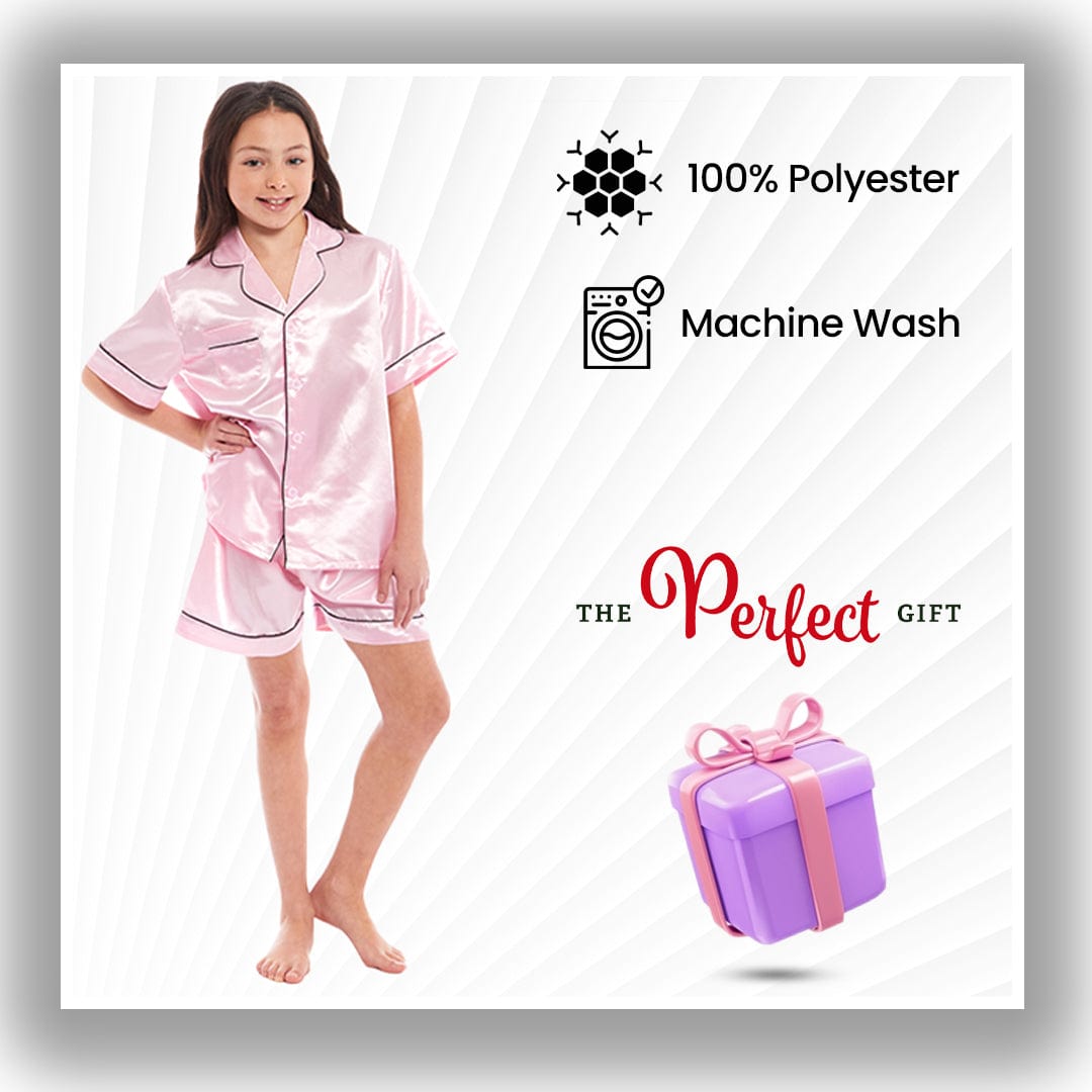 Luxurious Kids Satin Silk Short Pyjama Set by Daisy Dreamer Cosy Nightwear for Girls Includes Button-Down Shirt and Loose-Fitting Pants in Classic Black Pink and Grey Perfect Everyday Loungewear for Ages 5-14 Ideal for Comfortable Sleep and Relaxation Daisy Dreamer Pyjamas