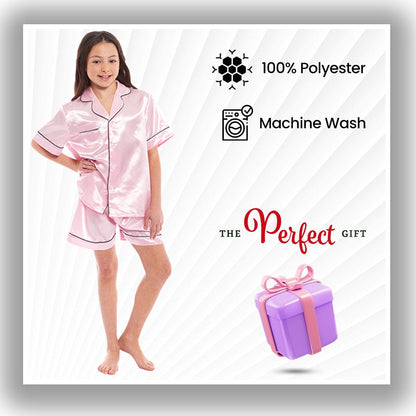Luxurious Kids Satin Silk Short Pyjama Set by Daisy Dreamer Cosy Nightwear for Girls Includes Button-Down Shirt and Loose-Fitting Pants in Classic Black Pink and Grey Perfect Everyday Loungewear for Ages 5-14 Ideal for Comfortable Sleep and Relaxation Daisy Dreamer Pyjamas