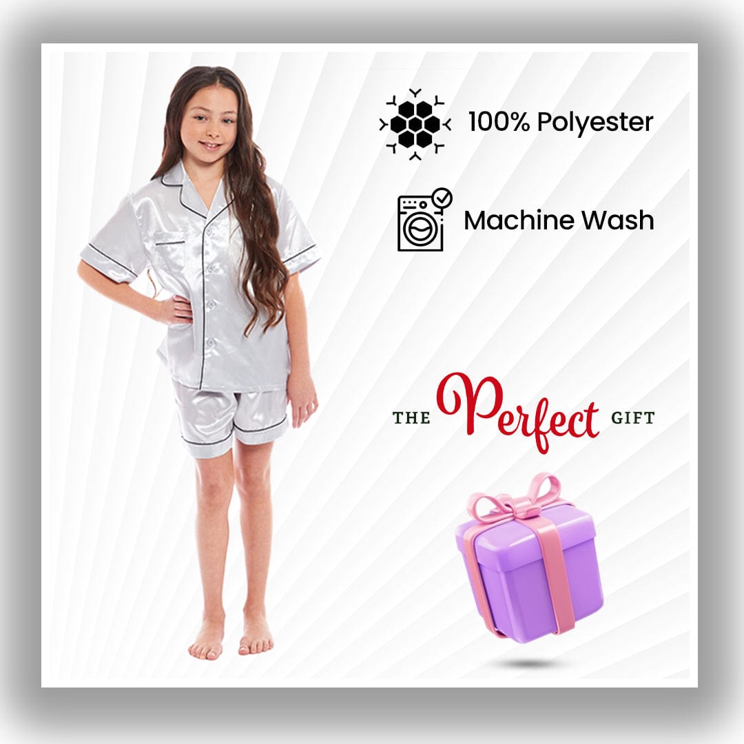 Luxurious Kids Satin Silk Short Pyjama Set by Daisy Dreamer Cosy Nightwear for Girls Includes Button-Down Shirt and Loose-Fitting Pants in Classic Black Pink and Grey Perfect Everyday Loungewear for Ages 5-14 Ideal for Comfortable Sleep and Relaxation Daisy Dreamer Pyjamas