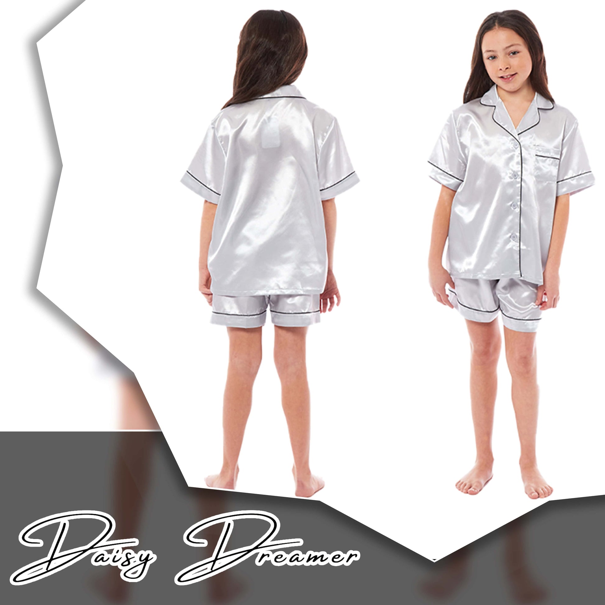 Luxurious Kids Satin Silk Short Pyjama Set by Daisy Dreamer Cosy Nightwear for Girls Includes Button-Down Shirt and Loose-Fitting Pants in Classic Black Pink and Grey Perfect Everyday Loungewear for Ages 5-14 Ideal for Comfortable Sleep and Relaxation Daisy Dreamer Pyjamas