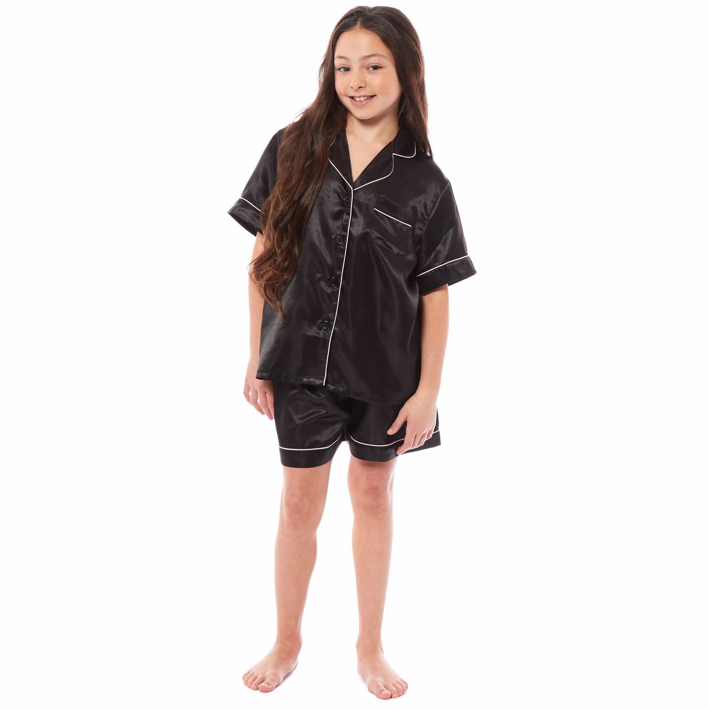 Luxurious Kids Satin Silk Short Pyjama Set by Daisy Dreamer Cosy Nightwear for Girls Includes Button-Down Shirt and Loose-Fitting Pants in Classic Black Pink and Grey Perfect Everyday Loungewear for Ages 5-14 Ideal for Comfortable Sleep and Relaxation Daisy Dreamer Pyjamas