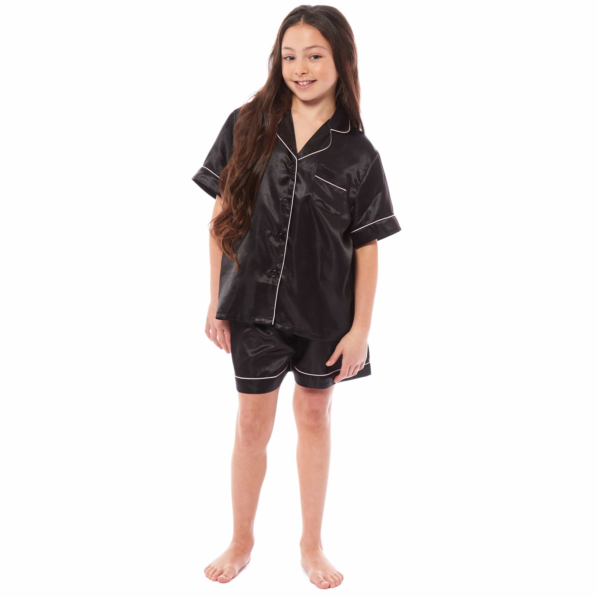 Luxurious Kids Satin Silk Short Pyjama Set by Daisy Dreamer Cosy Nightwear for Girls Includes Button-Down Shirt and Loose-Fitting Pants in Classic Black Pink and Grey Perfect Everyday Loungewear for Ages 5-14 Ideal for Comfortable Sleep and Relaxation Daisy Dreamer Pyjamas
