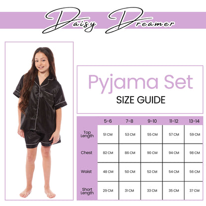 Luxurious Kids Satin Silk Short Pyjama Set by Daisy Dreamer Cosy Nightwear for Girls Includes Button-Down Shirt and Loose-Fitting Pants in Classic Black Pink and Grey Perfect Everyday Loungewear for Ages 5-14 Ideal for Comfortable Sleep and Relaxation Daisy Dreamer Pyjamas