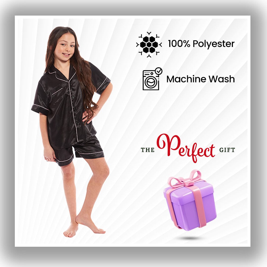 Luxurious Kids Satin Silk Short Pyjama Set by Daisy Dreamer Cosy Nightwear for Girls Includes Button-Down Shirt and Loose-Fitting Pants in Classic Black Pink and Grey Perfect Everyday Loungewear for Ages 5-14 Ideal for Comfortable Sleep and Relaxation Daisy Dreamer Pyjamas