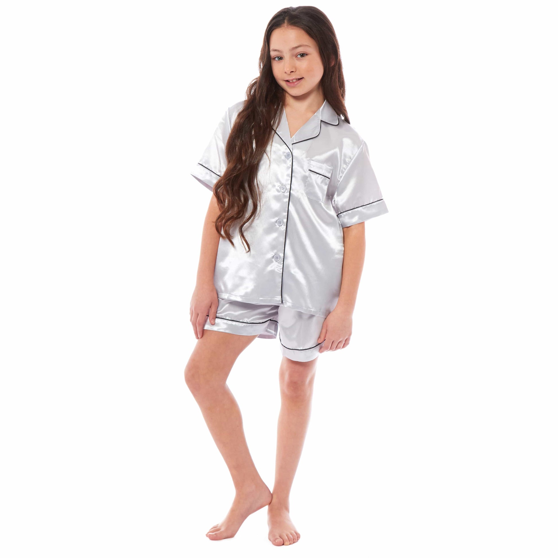 Luxurious Kids Satin Silk Short Pyjama Set by Daisy Dreamer Cosy Nightwear for Girls Includes Button-Down Shirt and Loose-Fitting Pants in Classic Black Pink and Grey Perfect Everyday Loungewear for Ages 5-14 Ideal for Comfortable Sleep and Relaxation Daisy Dreamer Pyjamas