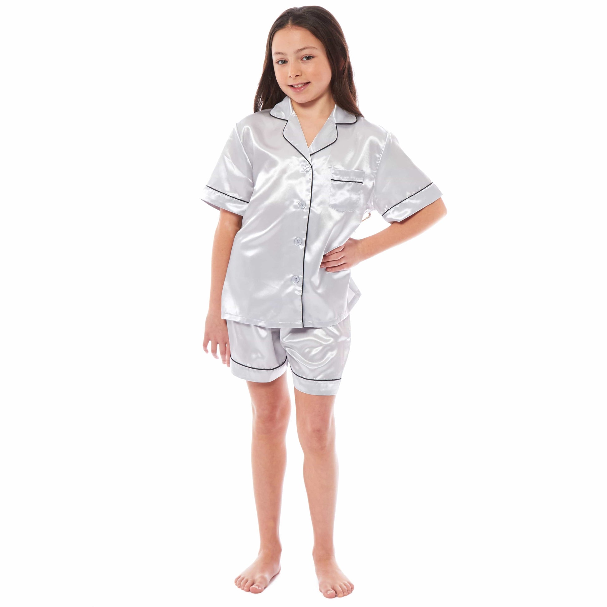 Luxurious Kids Satin Silk Short Pyjama Set by Daisy Dreamer Cosy Nightwear for Girls Includes Button-Down Shirt and Loose-Fitting Pants in Classic Black Pink and Grey Perfect Everyday Loungewear for Ages 5-14 Ideal for Comfortable Sleep and Relaxation Daisy Dreamer Pyjamas