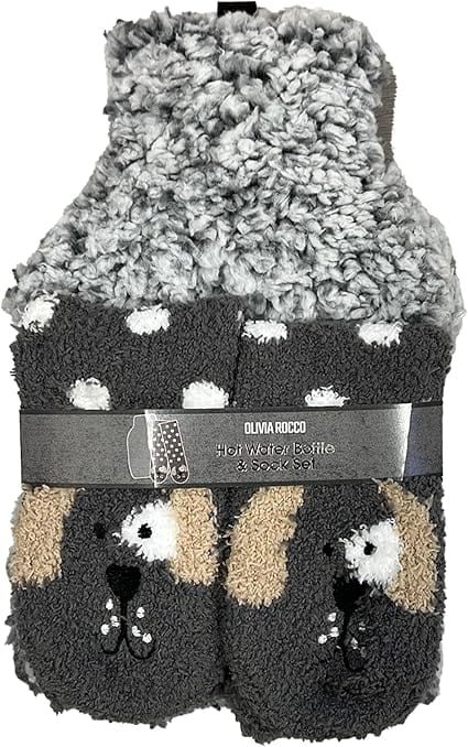 Hot Water Bottle & Socks Set Animal Design with Cover 1L Natural Rubber Thermotherapy Long Lasting Warm Winter Gift by Olivia Rocco Dog Hot Water Bottle