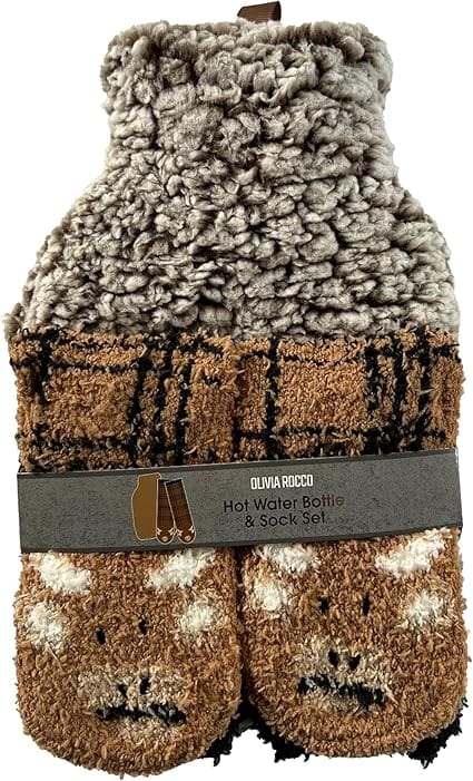 Hot Water Bottle & Socks Set Animal Design with Cover 1L Natural Rubber Thermotherapy Long Lasting Warm Winter Gift by Olivia Rocco Higland Cow Hot Water Bottle