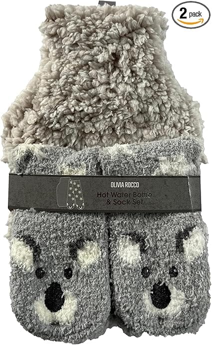 Hot Water Bottle & Socks Set Animal Design with Cover 1L Natural Rubber Thermotherapy Long Lasting Warm Winter Gift by Olivia Rocco Koala Hot Water Bottle